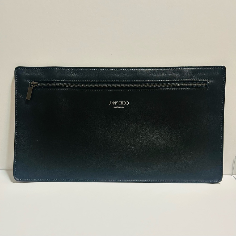 Jimmy Choo Black Leather Zip Pouch Clutch Made in Italy 12.25”